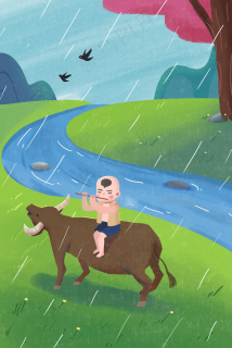 放牛颗粒风清新插画格式: psd清明节古风水彩卡通放牛娃广告背景格式