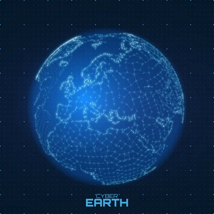 由数字和线条构成的矢量世界地图。抽象的地球连接图。未来派球形地图。以欧洲为中心。科技星球概念。国际数据通信