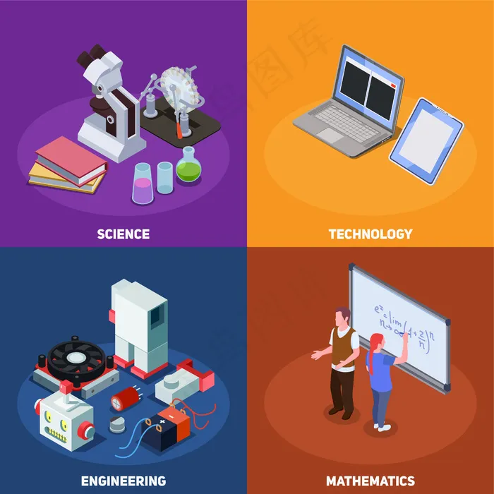 Stem教育等距构图，包括书籍、计算机、科学设备和人类特征的构图
