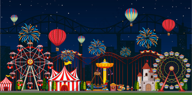 游乐园里晚上有气球和烟火的场景