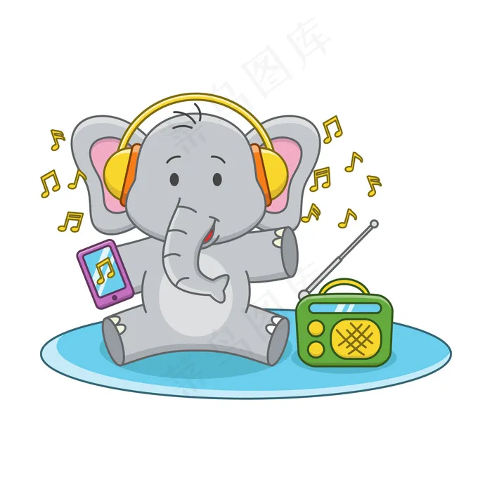 一只可爱的大象听音乐的卡通插图