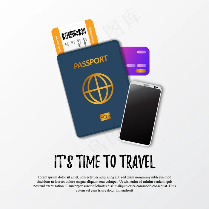 是时候旅行了。护照移民身份、登机牌机票、手提电话、信用卡付款说明。