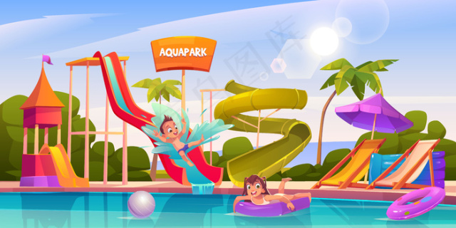 孩子们在水上乐园水上游乐场和水上景点epsai矢量模版下载