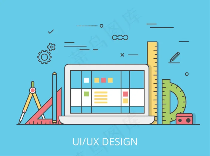 线性平面ui/ux界面设计网站英雄形象插图。用户体验，规划和测试应用程序app和软件概念。笔记本电脑、数字化仪、标尺和线框