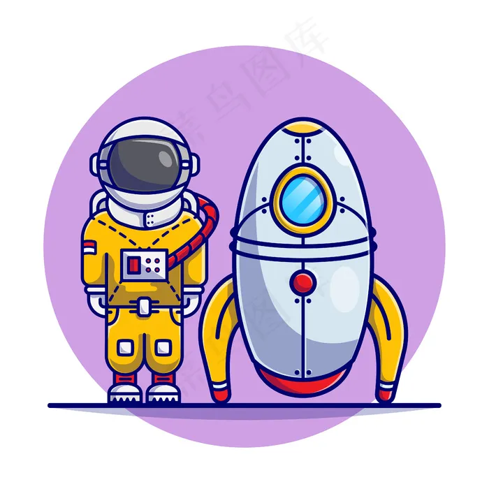 可爱的宇航员站在火箭卡通插图