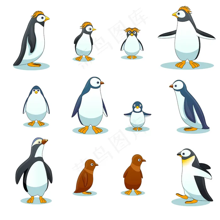 企鹅角色在各种姿势向量集。企鹅动物插画，卡通企鹅，冬鸟企鹅