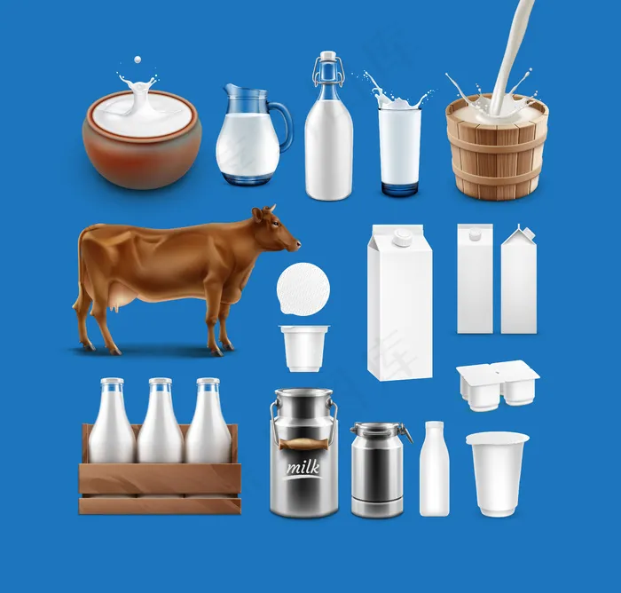 在蓝色背景上隔离的各种容器中的奶牛、奶制品飞溅物和一套奶制品的图示