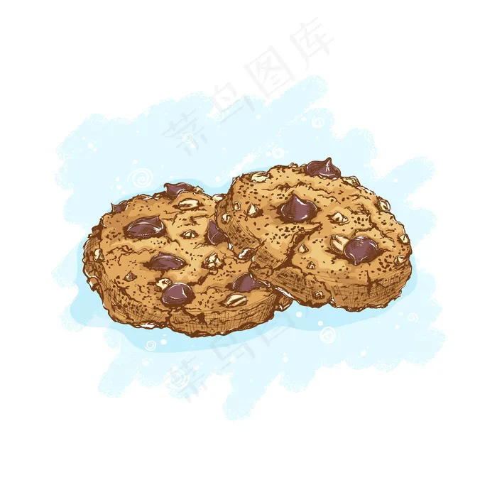 燕麦片饼干配巧克力和坚果。甜点和糖果。粗略的手绘食物。