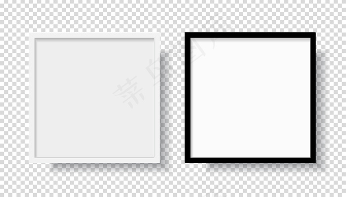 照片真实的黑白相框,从正面挂在墙上模型样机隔离在透明背景上
