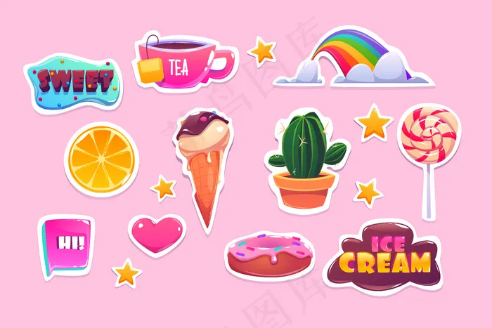 可爱的贴纸集彩虹，心形，糖果和星星。卡通图标的甜甜圈，冰淇淋，橙色和报价。补丁与有趣的符号，仙人掌，茶和棒棒糖孤立的粉红色背景