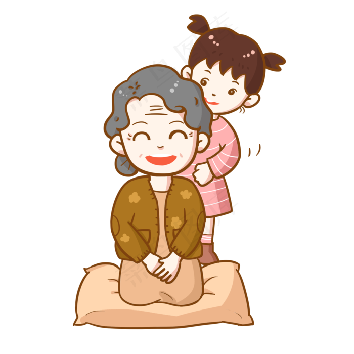 重阳节手绘插画小女孩为奶奶捶背2000x2000dpi300psd模版下载