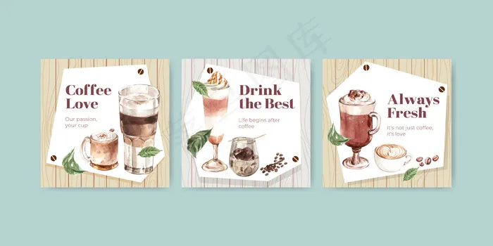 广告模板与韩国咖啡风格的商业和营销水彩概念