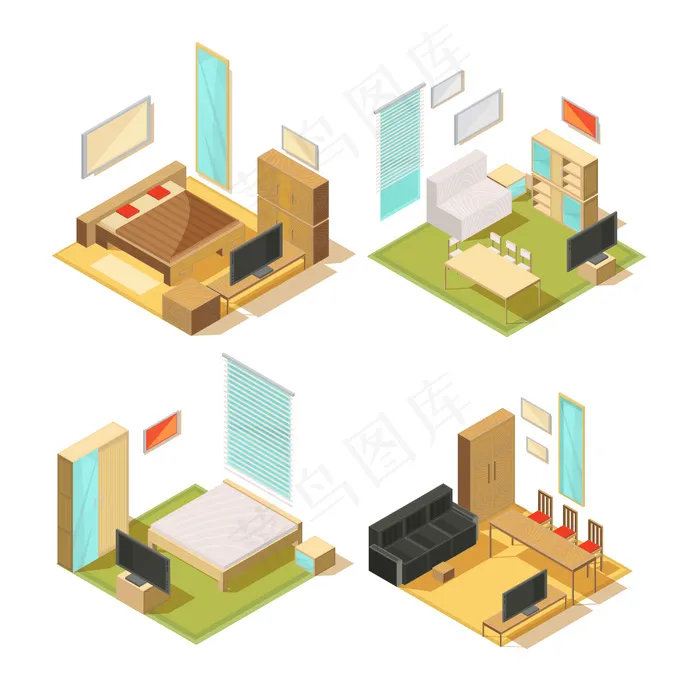客厅室内家具的等距组合，带沙发、衣柜、镜子、椅子、桌子和电视矢量图