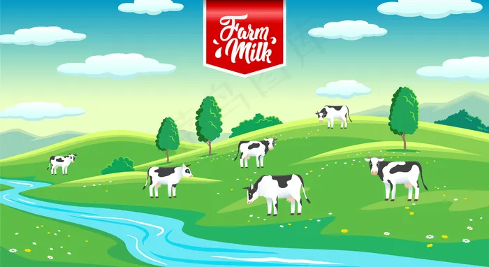 牧场上奶牛、农场牛奶的乡村景观