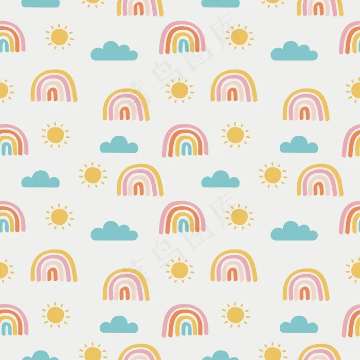 无缝图案太阳，彩虹和云。白色背景上的卡瓦伊壁纸。宝宝可爱的粉彩