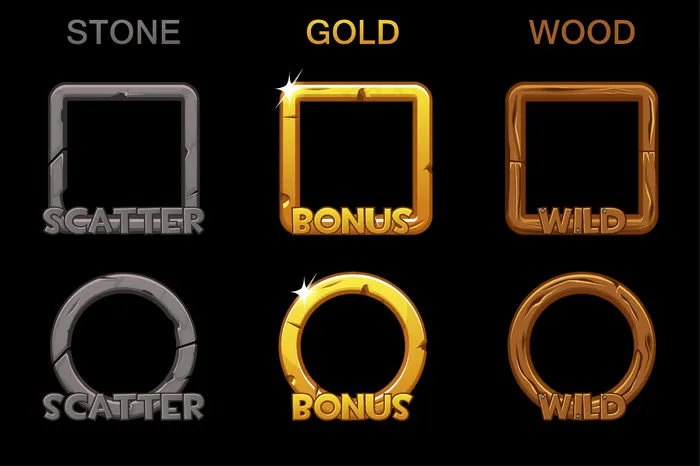 为游戏槽设置应用程序app框架图标。方形和圆形的金木石框架。