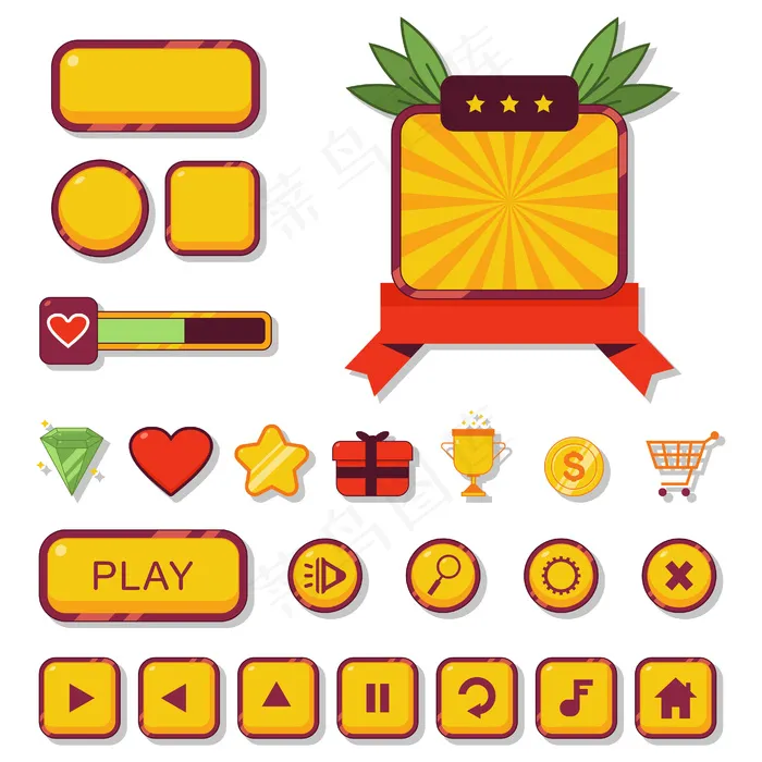 游戏按钮和ui工具包的应用程序app卡通设置在白色背景上孤立的网页元素。