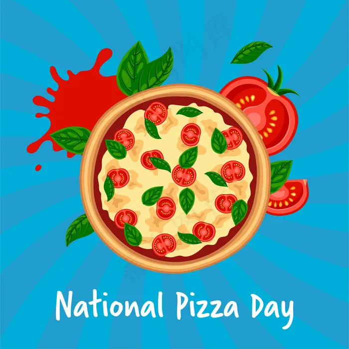 国家披萨日概念。新鲜美味的玛格丽塔，配番茄、奶酪、罗勒，蓝色条纹背景。平面意大利快餐插图
