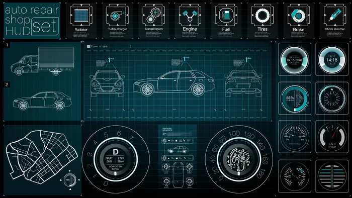 未来的汽车仪表板。混合动力汽车。诊断和排除故障。蓝色hud样式。形象。