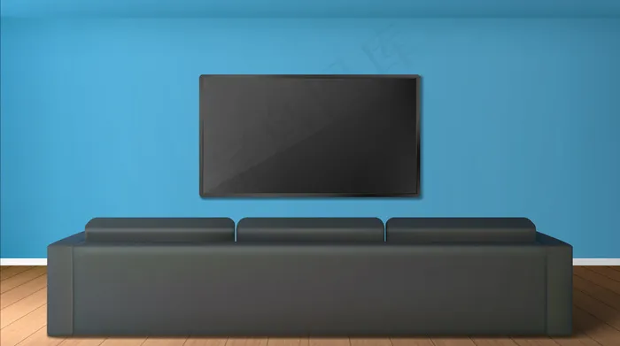 客厅空荡荡的，墙上有电视屏幕，后视图是黑色沙发