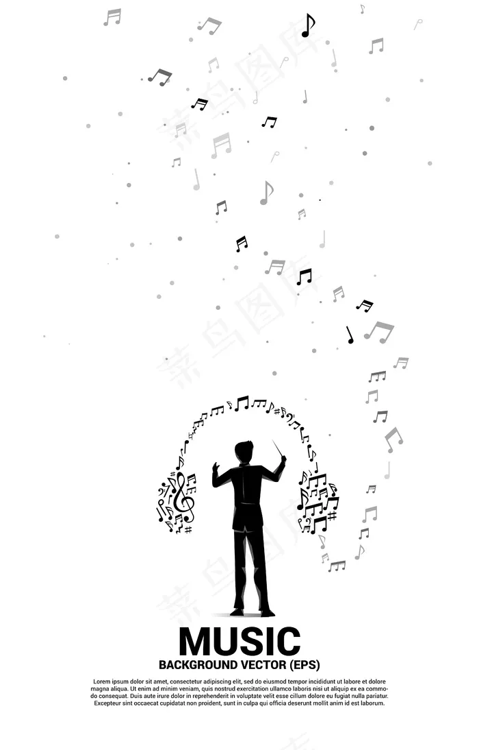 音乐和声音背景概念。指挥家和音乐旋律音符形状的耳机图标。