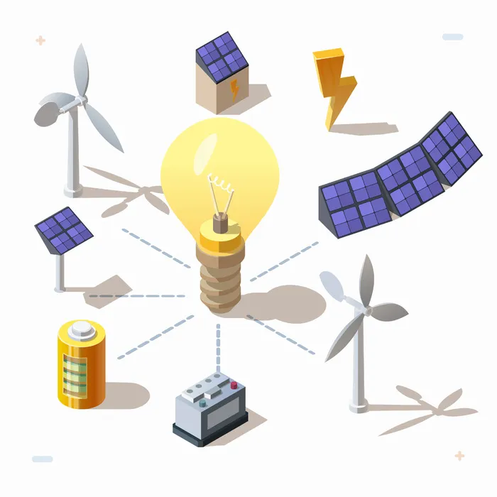 等距 3d 套替代生态可再生能源，电力图标。太阳能电池板、电灯泡、风力涡轮机、电池、发电机、电压。电气符号。
