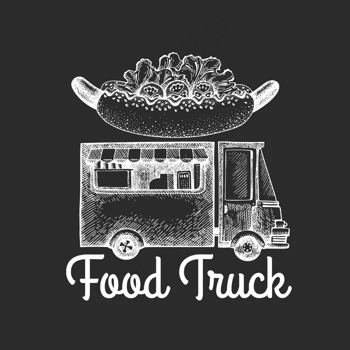 街头食品车标志模板。粉笔板上有快餐插图的手绘卡车。雕刻风格热狗卡车复古设计。