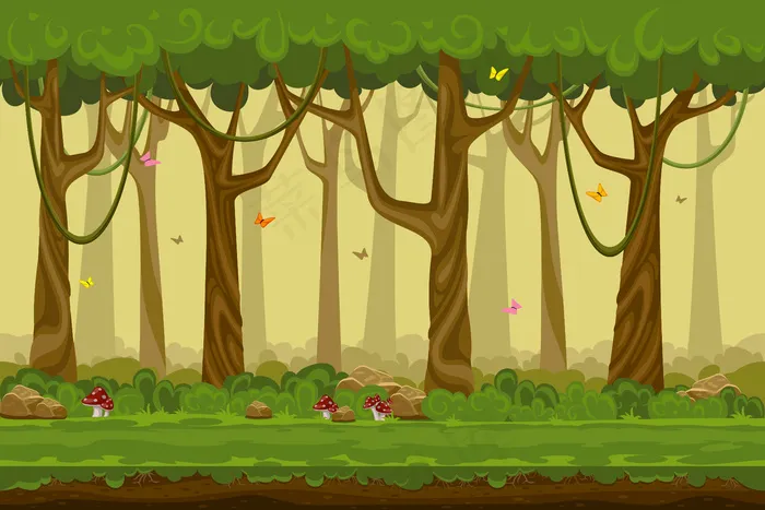 卡通森林景观，无穷无尽的电脑游戏自然背景。天然树木，室外植物绿化，自然环境木材