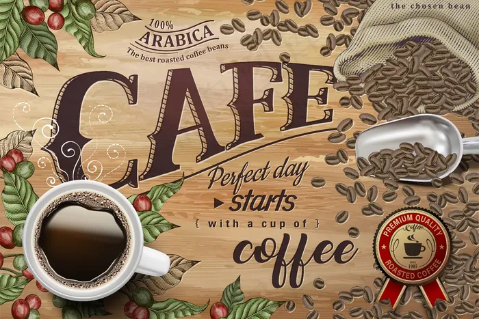 黑咖啡广告，插图顶视图黑咖啡上复古雕刻咖啡樱桃和咖啡豆背景