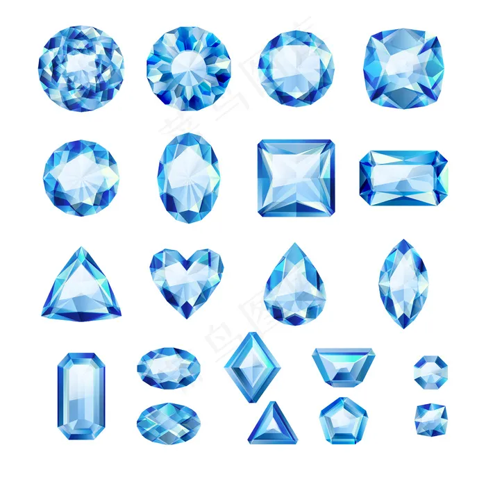 一套逼真的蓝色珠宝。五颜六色的宝石。白色背景上的蓝宝石。