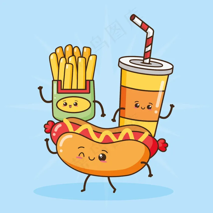 炸薯条、苏打水和热狗、kawaii快餐、插图