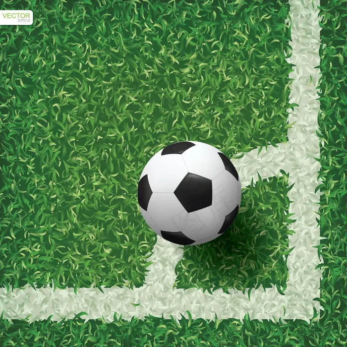 足球场角落区域的足球，绿草图案纹理背景。