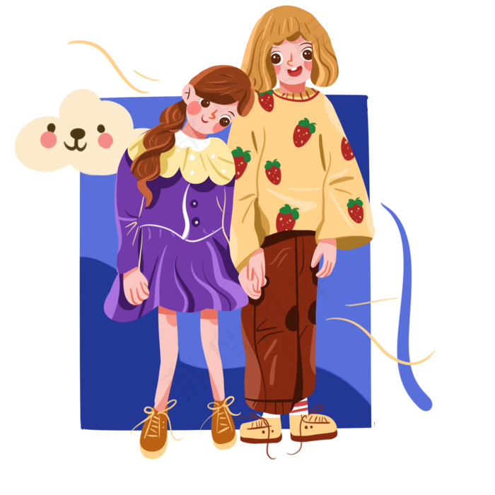 小姐妹在一起的卡通图片透明抠图图片姐妹书面姐妹俩手牵手卡通图片