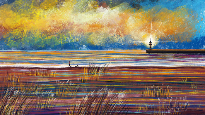 海边散步灯塔风景油画28801620px300dpi