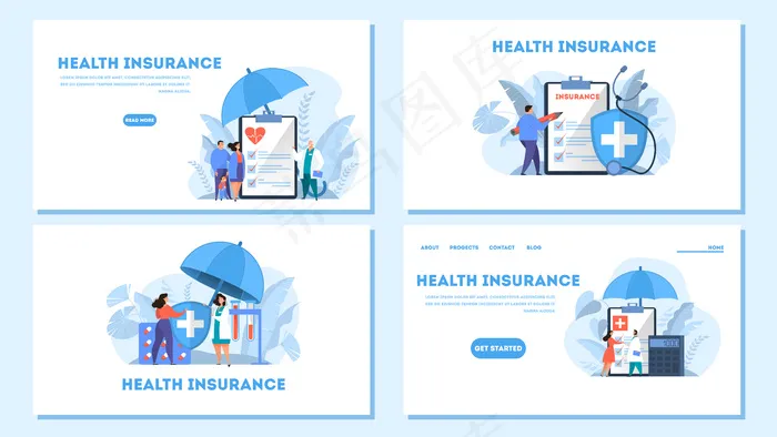 健康保险概念网页横幅banner集。人们站在大剪贴板上，上面有文件。医疗保健和医疗服务。插图