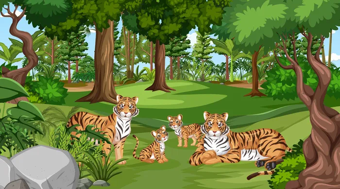 森林场景中的老虎家族，树木众多