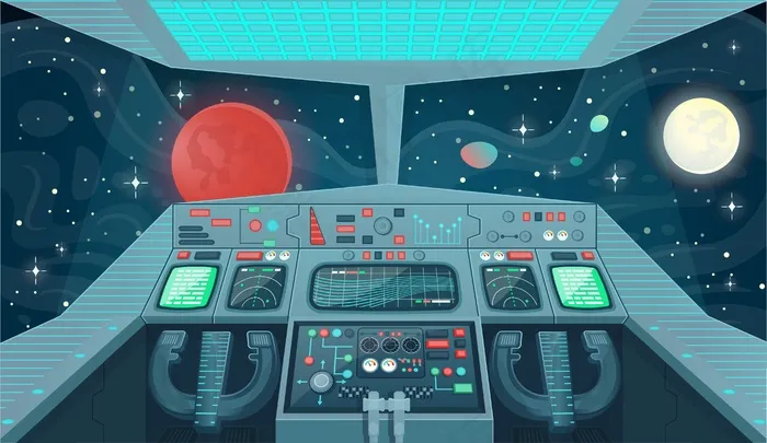 太空船游戏和手机app移动应用的背景。飞船内部，驾驶舱内部视图。卡通插图。
