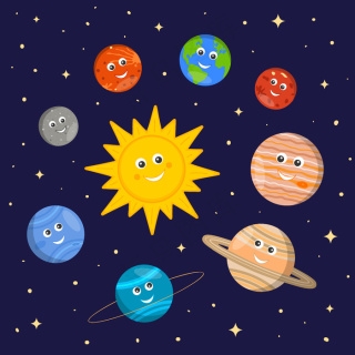 黑暗空间背景下卡通风格的儿童可爱太阳和行星角色的太阳系