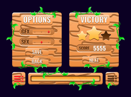 一组木制自然游戏用户界面选项,水平完整板弹出式界面,和进度条图标的