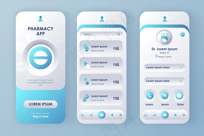 网上医学独特的新生药盒。药房应用程序app与医疗咨询，药品说明和定价。药店服务ui，ux模板集。用于响应手机app移动应用程序的gui。