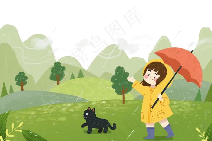 谷雨降雨少女和猫咪在森林玩耍