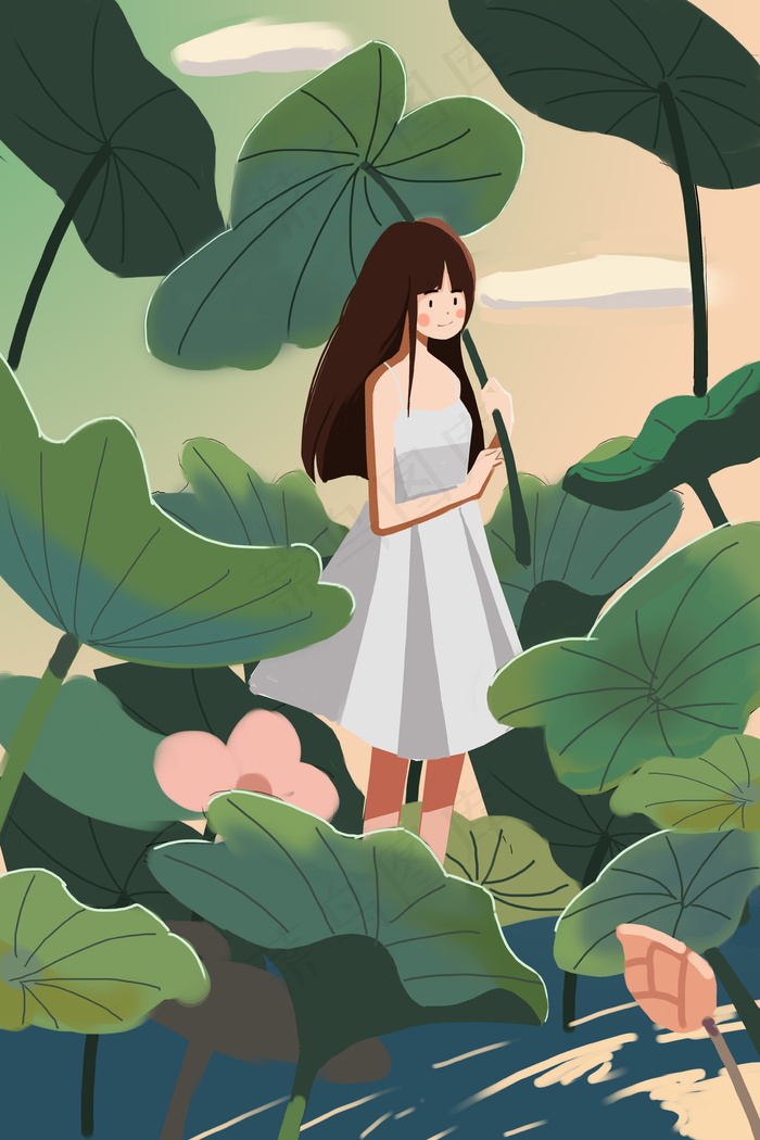 二十四节气立夏夏天夏日绿色荷叶少女插画1125x2436dpi72psd模版下载