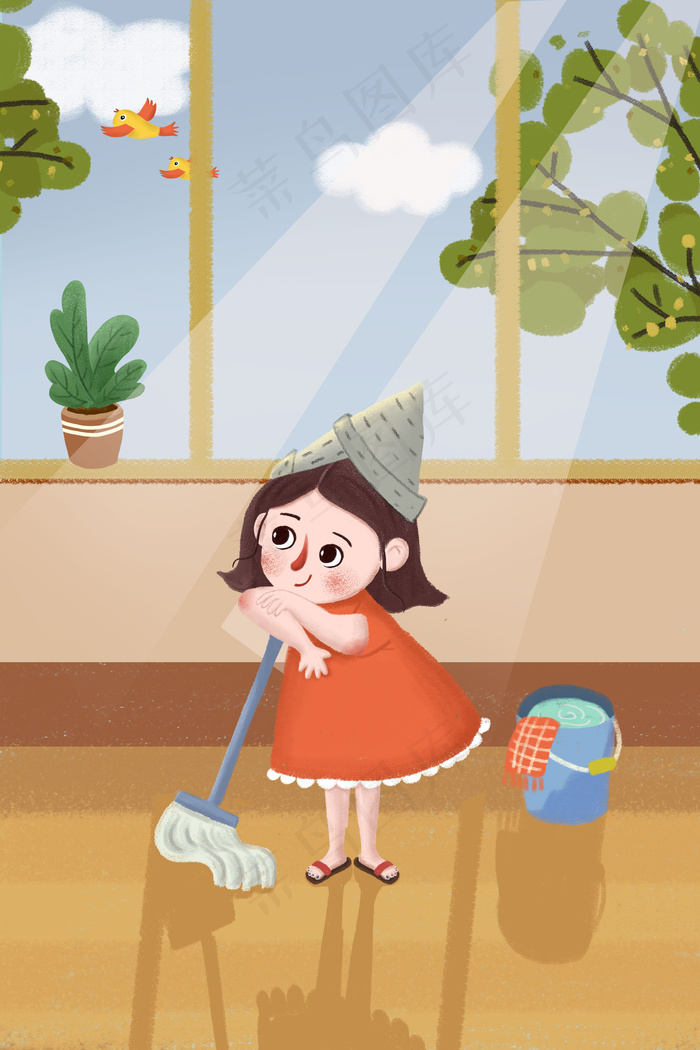 卡通手绘五一劳动节小清新做家务插画2880x1620dpi300psd模版下载