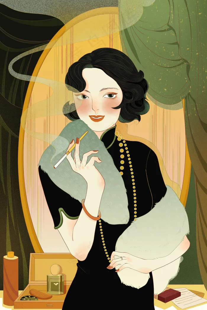 复古绿民国黑色旗袍妩媚女人抽烟茶壶