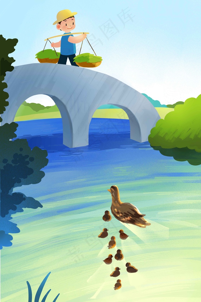 早安小桥流水小鸭辛勤农民手绘扁平风格插画35455315px300dpipsd模版