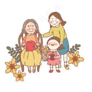 重阳节祖孙三代赏菊花插画,免抠元素