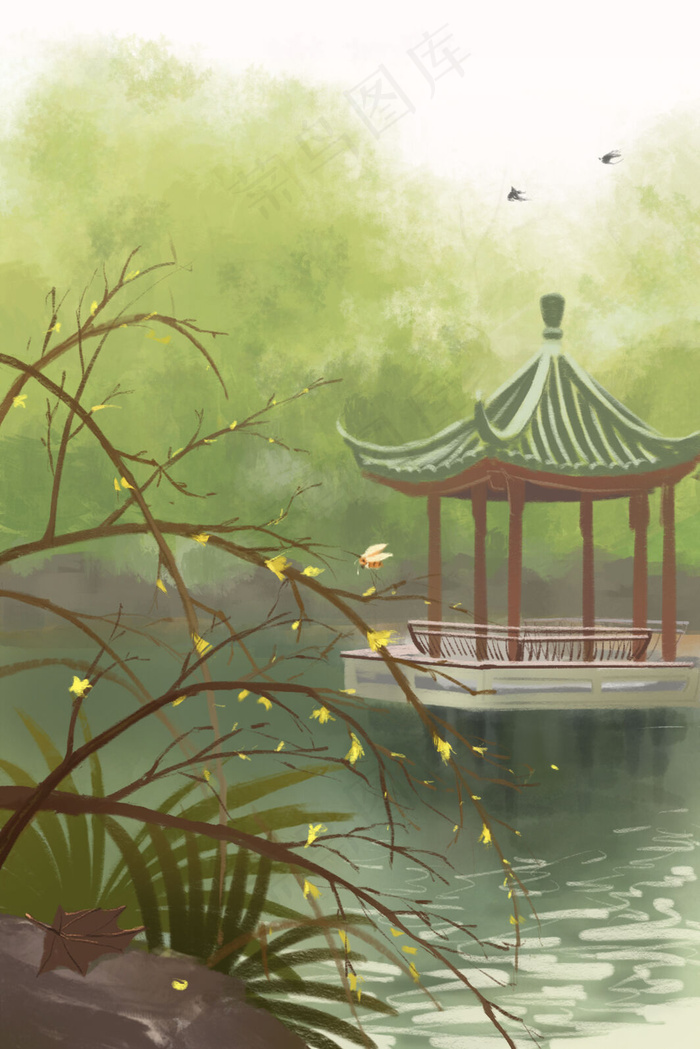清明湖畔凉亭清新自然绿色风景手绘场景插画3545x5315dpi300psd模版