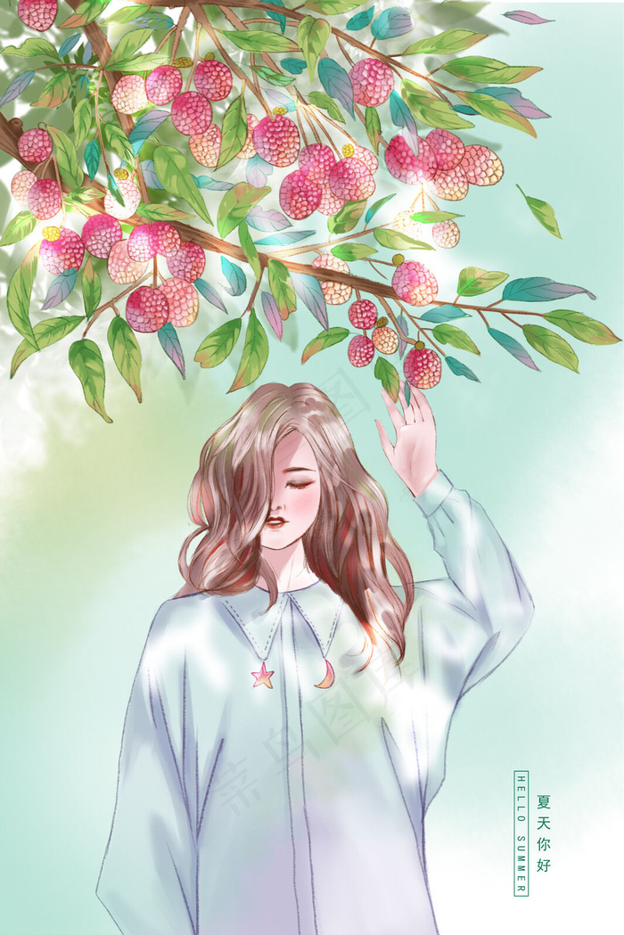 夏天你好荔枝树下的女孩(3545*5315px 300 dpi )psd模版下载 - 菜鸟图