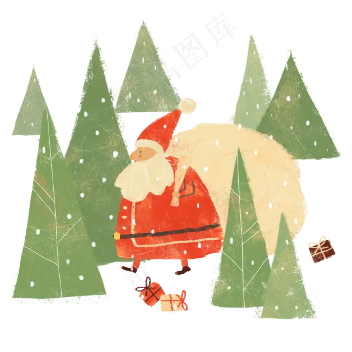圣诞老人房包裹松林雪花可爱唯美,免抠元素