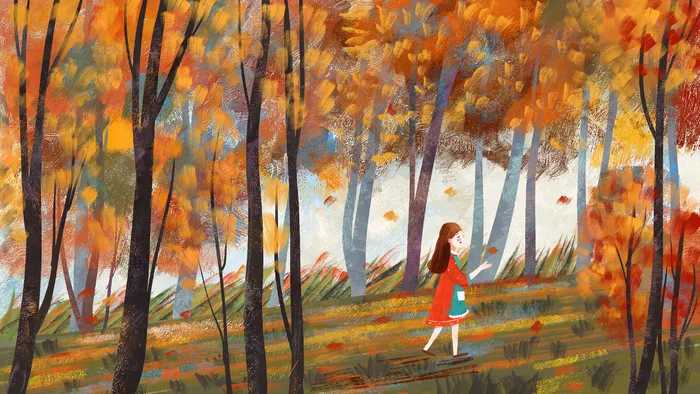 秋天树林森林风景油画